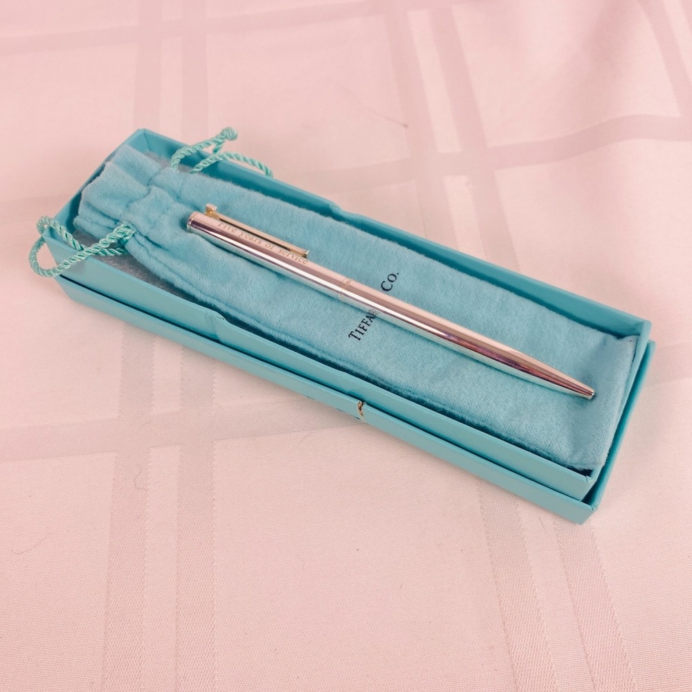 Tiffany & Co Sterling Silver T-Clip Retractable Ballpoint Pen Box Pouch-Engraved
